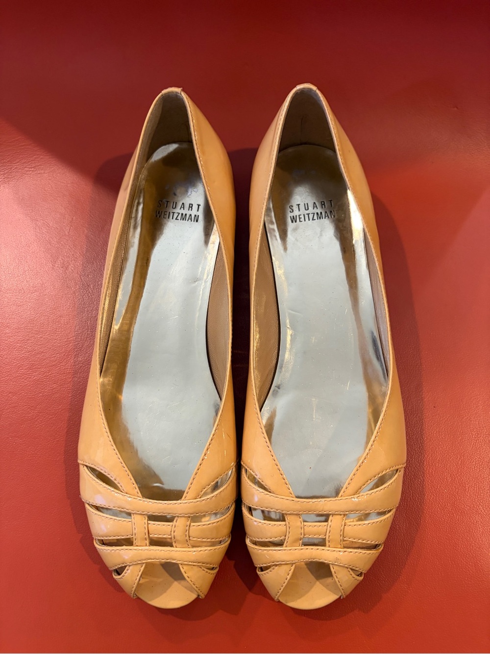 Stuart Weitzman Peach-Tone Woven Peep-Toe Flats